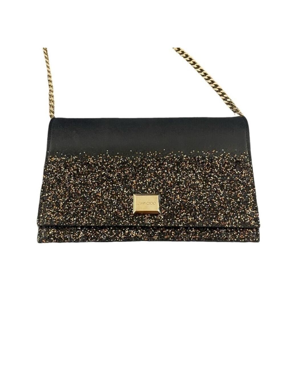 Jimmy Choo Candy Glitter Clutch / Crossbody Chain, Black Gold EUC